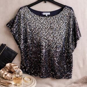 Jennifer Lopez Sequin Top Black Silver Dolman Sleeve Party Blouse Size Large